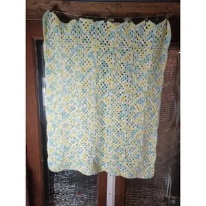 Crocheted Baby Blanket Granny Squares Blue & Yellow Faded Colors